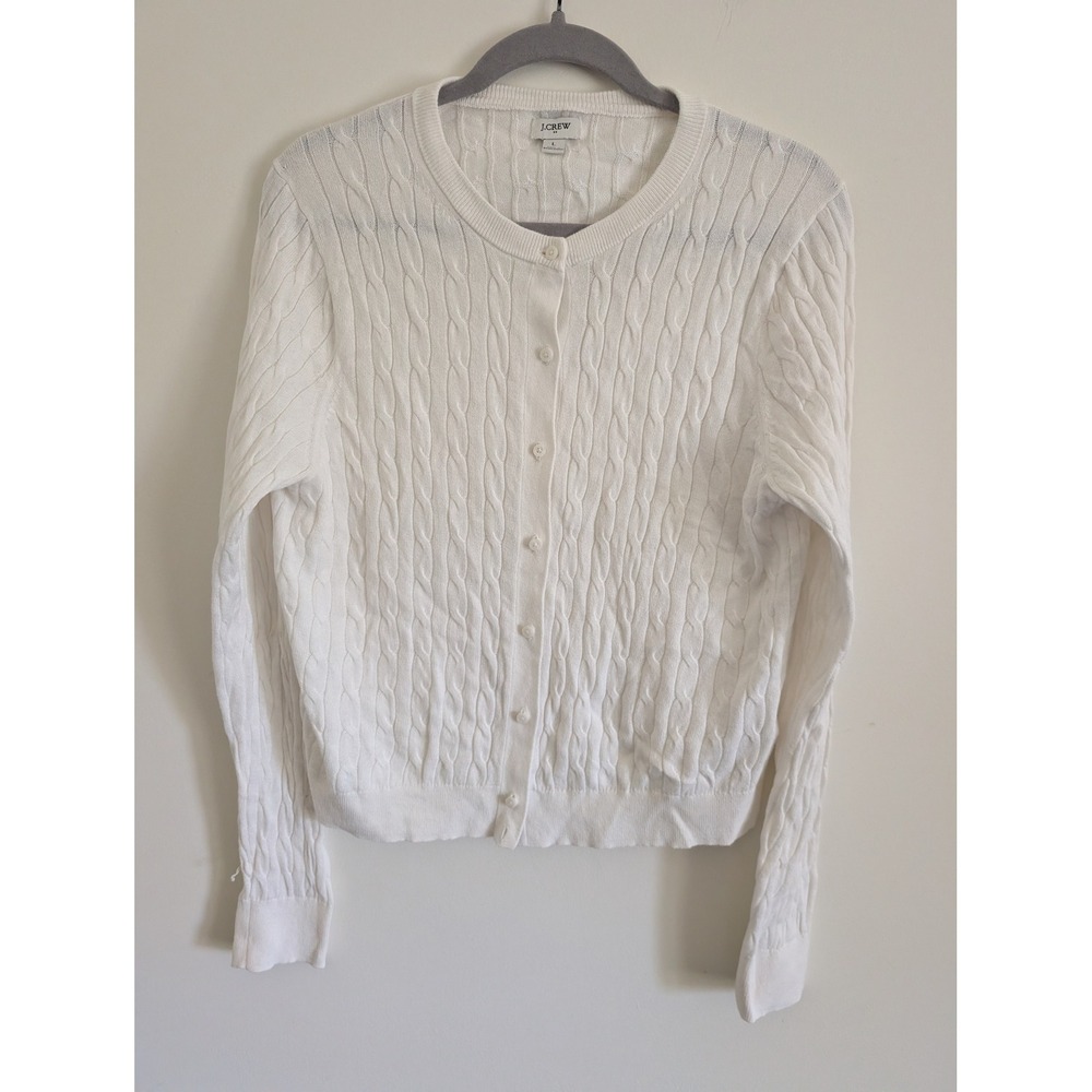 J. Crew White Cable Knit Cotton Cardigan Sweater Womens Large neutral minimalist